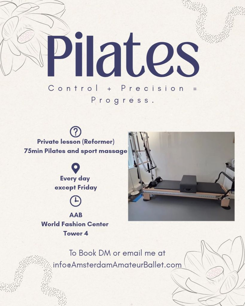 Promotional poster for Pilates lessons featuring a reformer machine, with information about private lessons, duration, and location at the World Fashion Center.