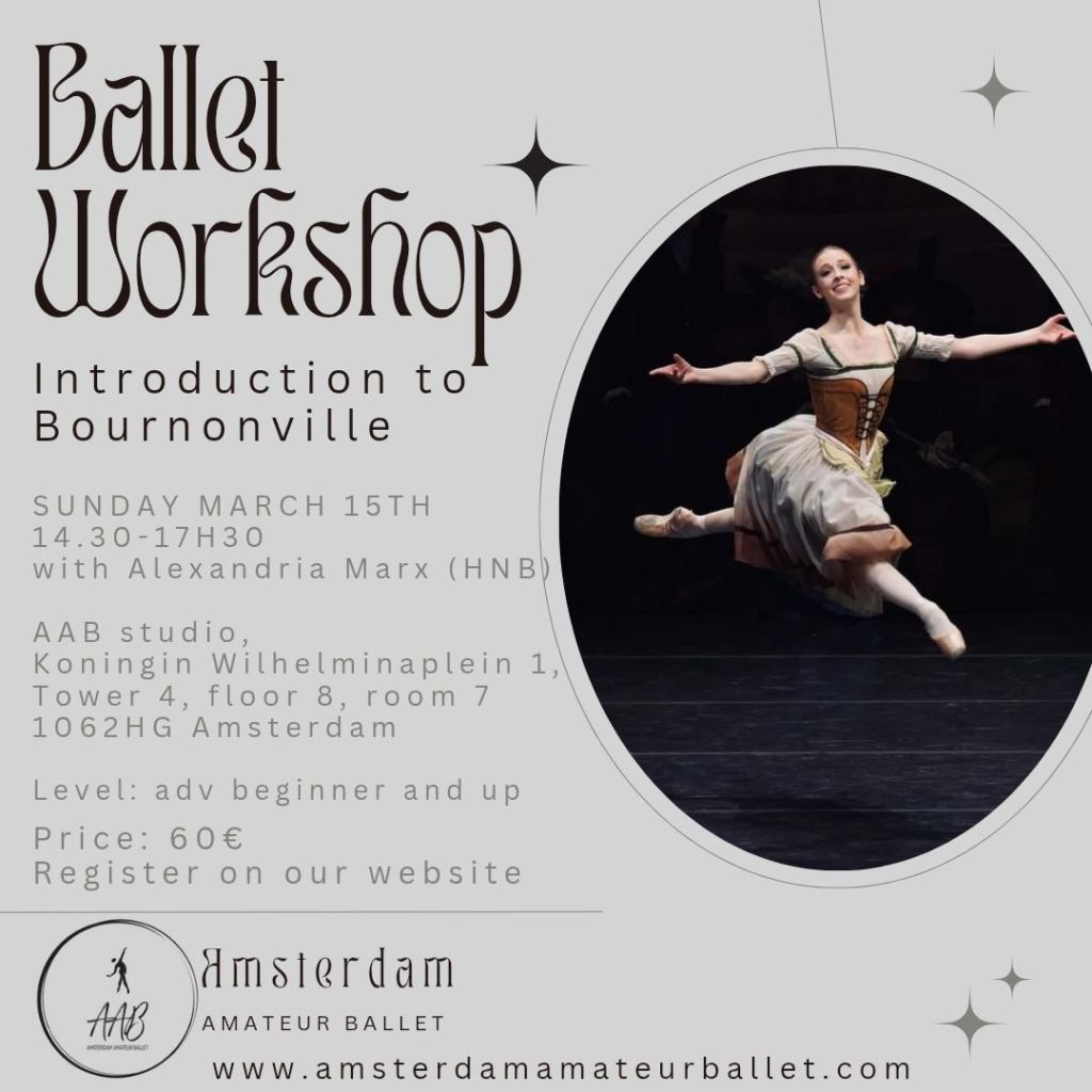 Promotional poster for a Ballet Workshop titled 'Introduction to Bournonville', featuring date, time, instructor, location, level, and price information.