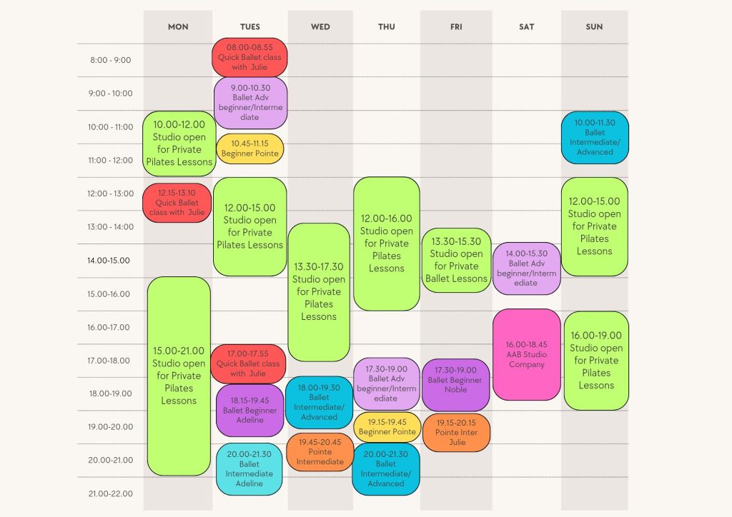 Weekly schedule for ballet and Pilates classes including timings and class types, with designated slots for private lessons.