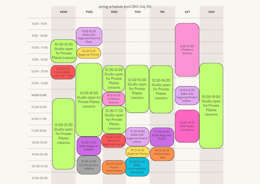 A colorful weekly schedule for ballet and Pilates classes from April 28th to July 5th, detailing various sessions, including private lessons, children's classes, and different levels of ballet training throughout the week.